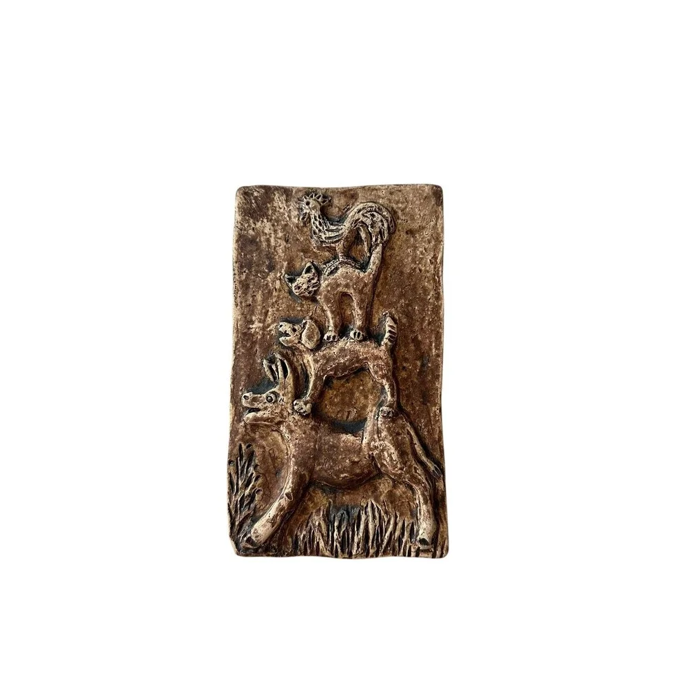 Vintage Pott Luck Ceramic Wall Plaque Town Musicians of Bremen Mid-Century